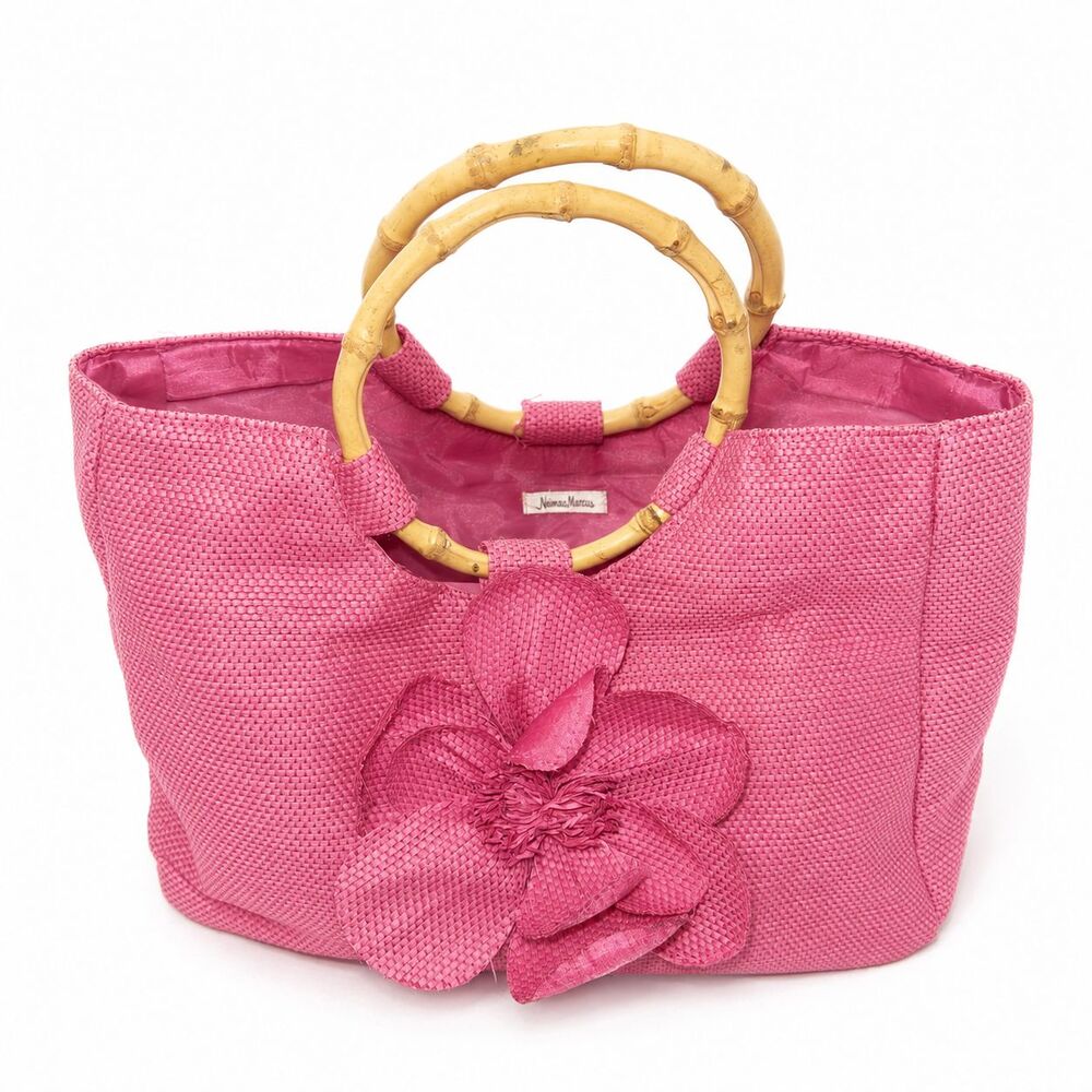 Neiman Marcus Pink Woven Straw Tote Bamboo Handles Floral Appliqué Bag